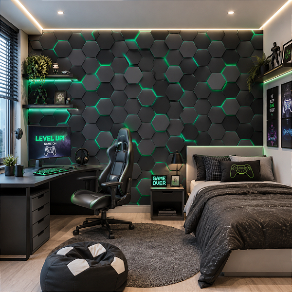 Papel de Parede Personalizado Infanti 3D Geométrico Gamer Verde
