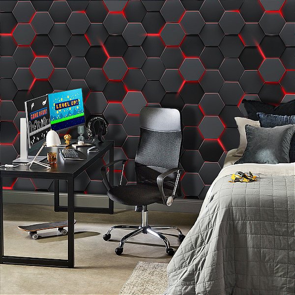 Papel de Parede Infantil Personalizado 3D Geométrico Gamer Vermelho