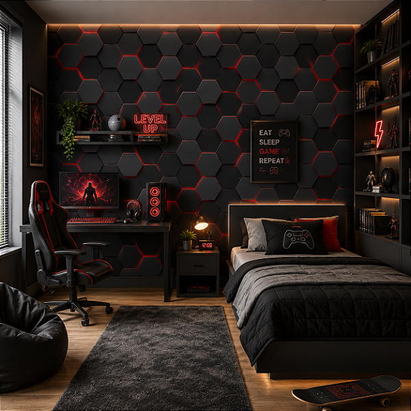 Papel de Parede Personalizado Infantil 3D Geométrico Gamer Vermelho