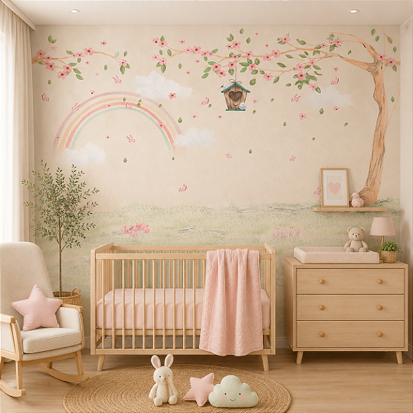 Papel de Parede Personalizado Quarto Infantil Casa do Passarinho e Arco Íris