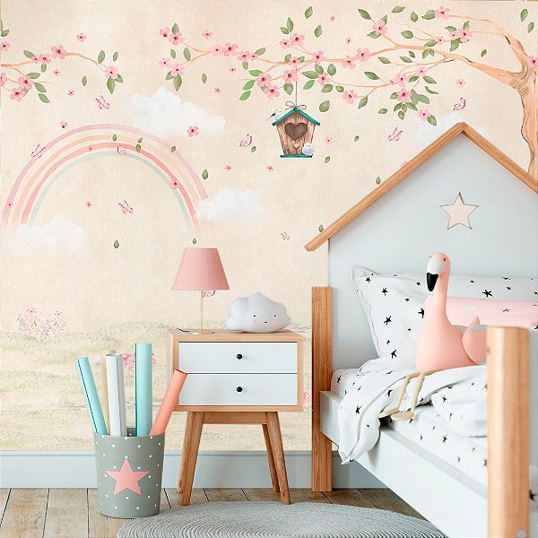 Papel de Parede Infantil Personalizado Casa do Passarinho e Arco Íris