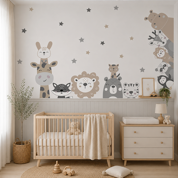 Papel de Parede Personalizado Quarto Infantil Bichinhos Curiosos Safari