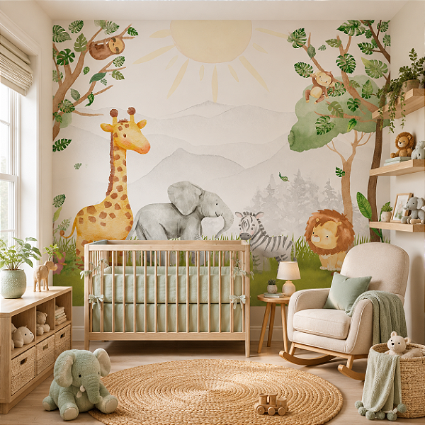 Papel de Parede Personalizado Infantil Bebê Safari Aquarela