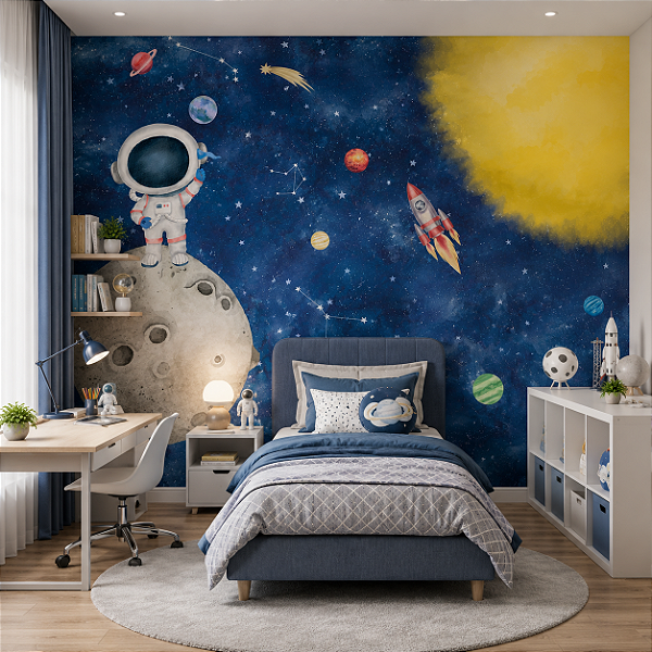 Papel de Parede Personalizado Quarto Infantil Desbravando o Espaço Aquarela