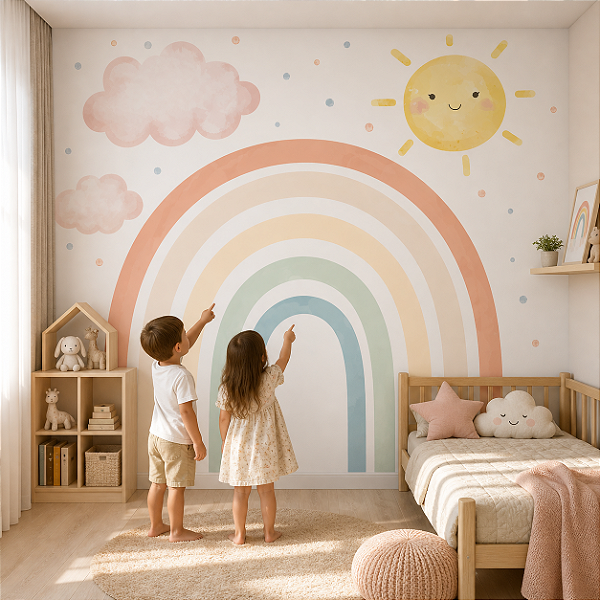 Papel de Parede Personalizado Infantil Arco íris e Bolinhas Aquarela