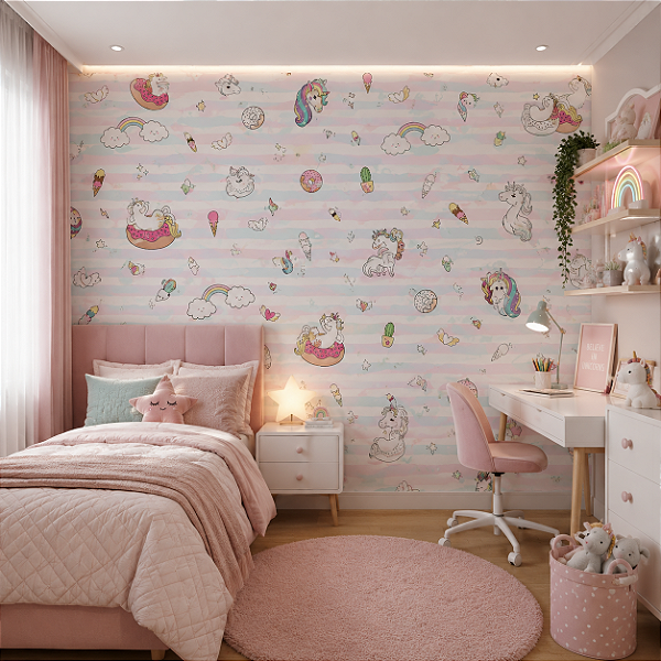 Papel de Parede Infantil Personalizado Non Woven Unicórnios Color