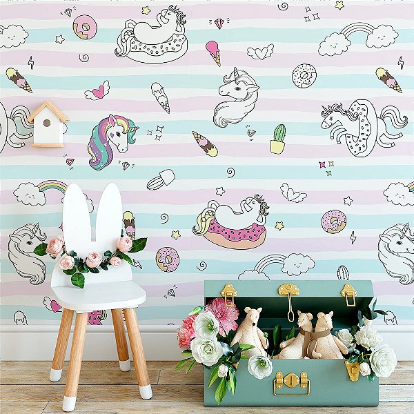 Papel de Parede Infantil Personalizado Non Woven Unicórnios Color