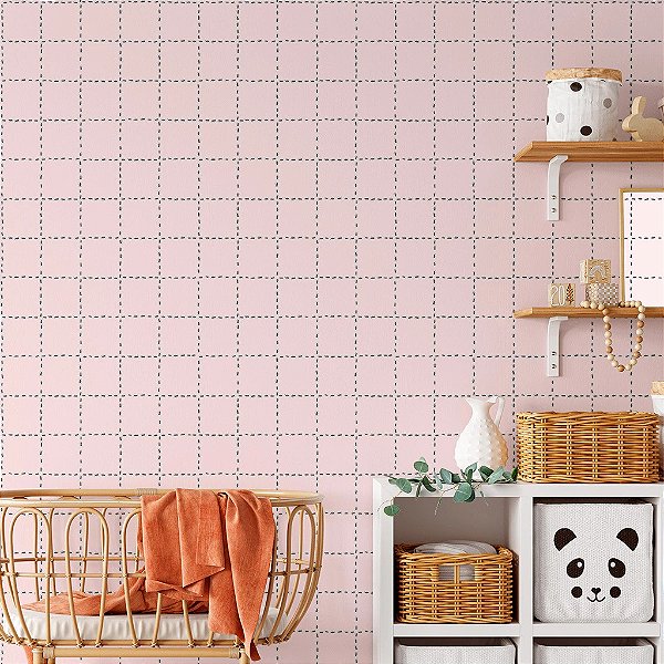Papel de Parede Non Woven Quadriculado Formigas Rosa Personalizado Sob Medida