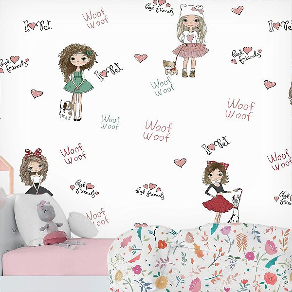 Papel de Parede Infantil Personalizado Girls and dogs