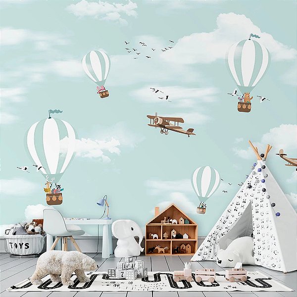 Papel de Parede Infantil Personalizado Sob Medida Non Woven Balões nos Alpes Azul