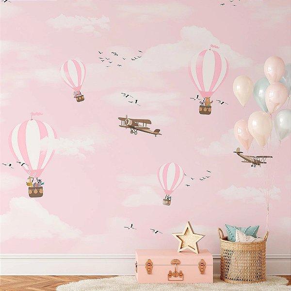 Papel de Parede Infantil Personalizado Sob Medida Non Woven Balão Rosa