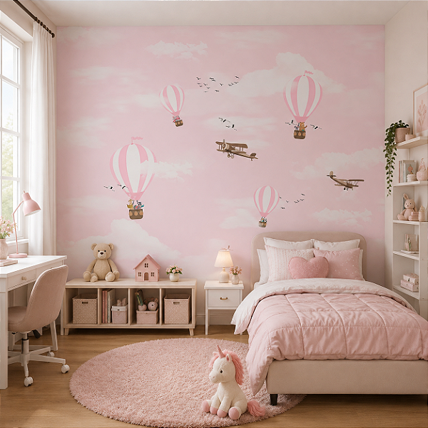 Papel de Parede Infantil Personalizado Sob Medida Non Woven Balão Rosa