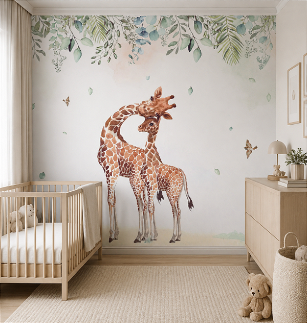 Papel de Parede Personalizado Infantil Bebê Girafas Safari com Jardim Suspenso Aquarela