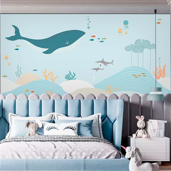 Papel de Parede Infantil Personalizado Sob Medida Non Woven Fundo do Mar - Baleia