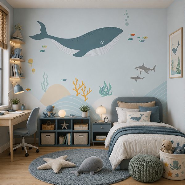 Papel de Parede Infantil Personalizado Sob Medida Non Woven Fundo do Mar - Baleia