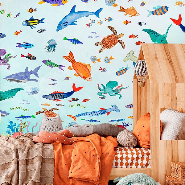 Papel de Parede Infantil Personalizado Animais Marinhos - Fundo do Mar