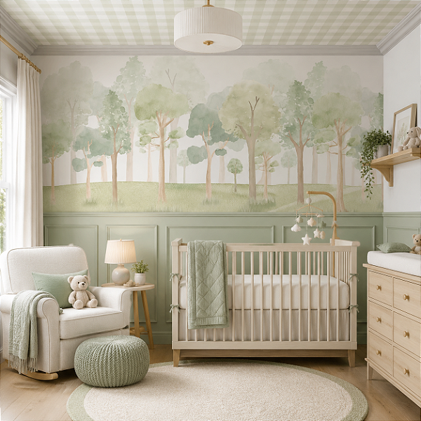 Papel de Parede Personalizado Quarto Infantil Floresta Verde Aquarela