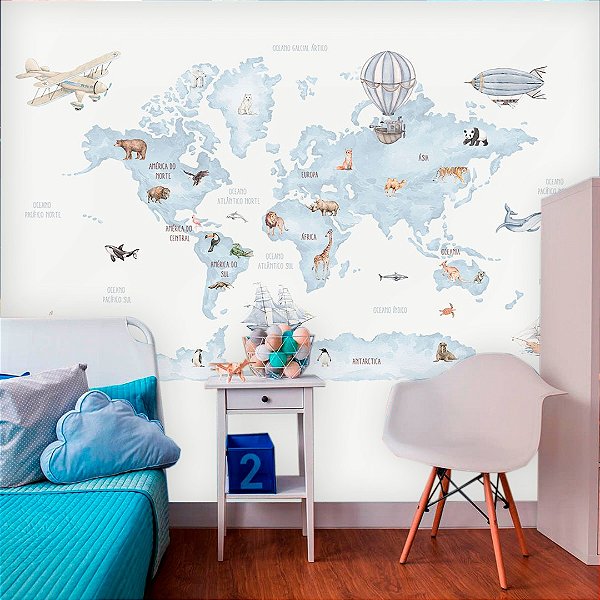 Papel de Parede Infantil Personalizado Mapa Mundi Azul