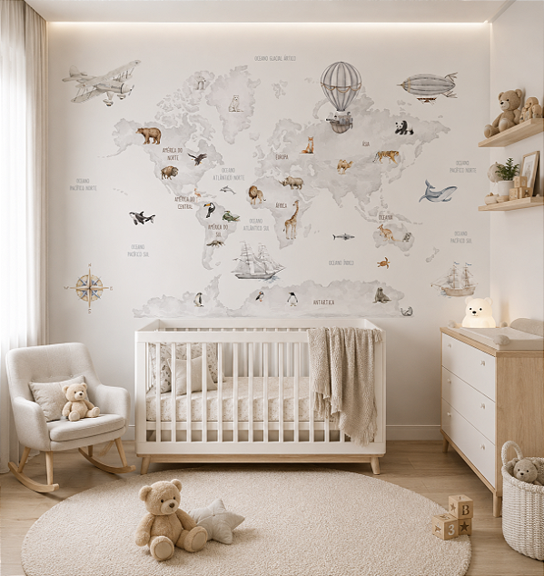 Papel de Parede Personalizado Infantil Mapa Mundi Cinza