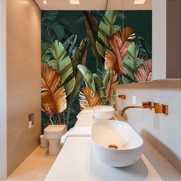 Papel de Parede Personalizado para Lavabo Folhas de Bananeiras 100% Lavável - Feito Sob medida