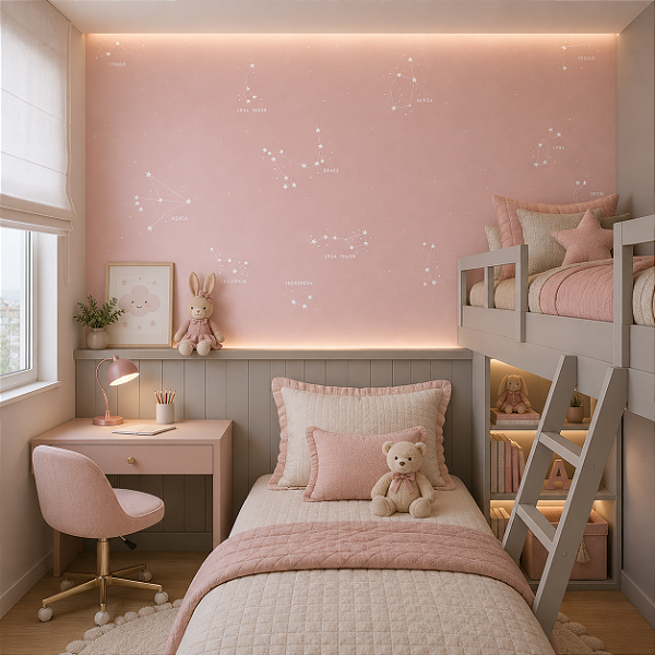 Papel de Parede Infantil Personalizado Quarto Estrelas- Constelação Rosa