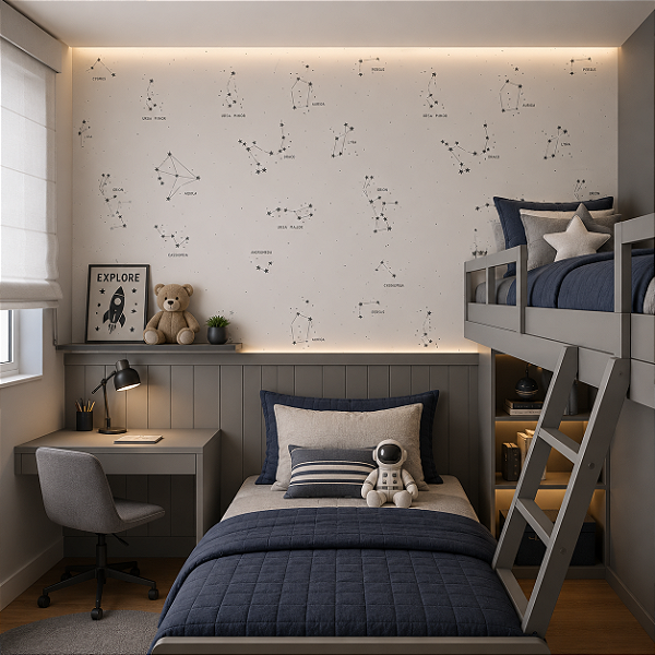 Papel de Parede Infantil Personalizado Quarto Estrelas- Constelação Cinza