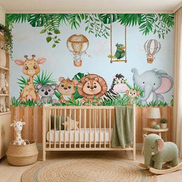 Papel de Parede Quarto Infantil Personalizado Cercadinho Safari