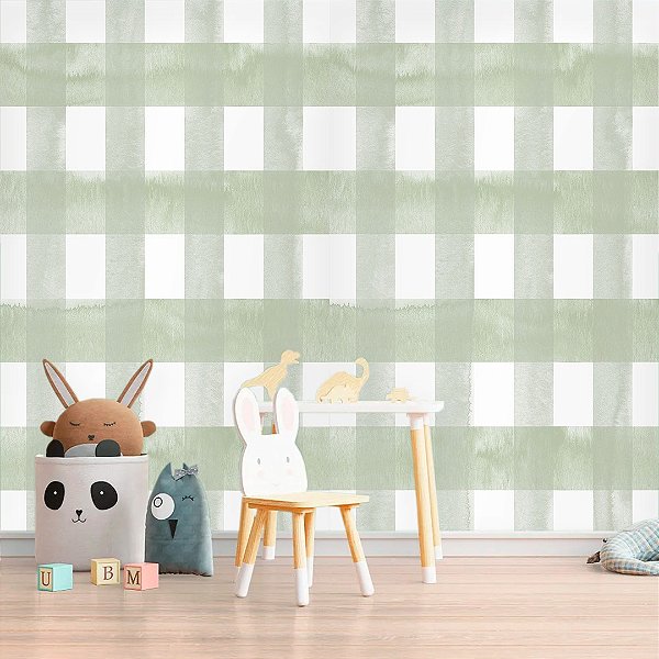 Papel de Parede Infantil Personalizado Xadrez  Verde Aquarela