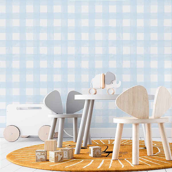 Papel de Parede Infantil Personalizado Xadrez Azul Claro Aquarela