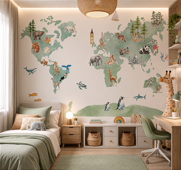 Papel de Parede Personalizado Infantil Mapa Mundi Verde