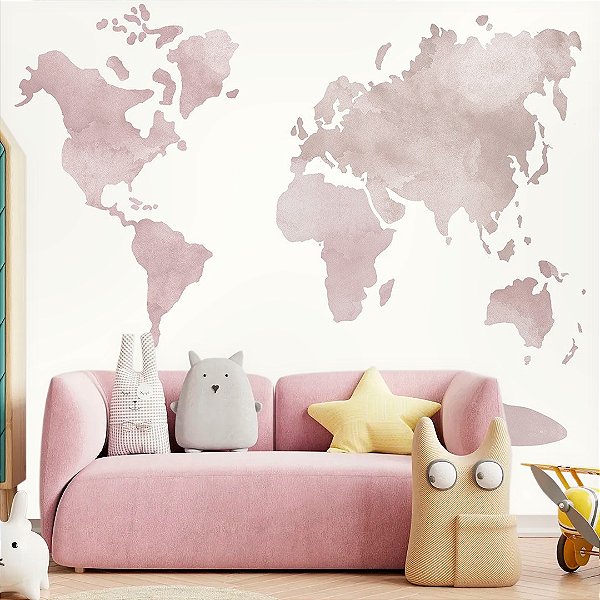 Papel de Parede Quarto Personalizado Mapa Mundi Rosa Aquarela