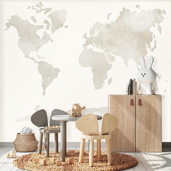 Papel de Parede Quarto Personalizado Mapa Mundi Areia Aquarela