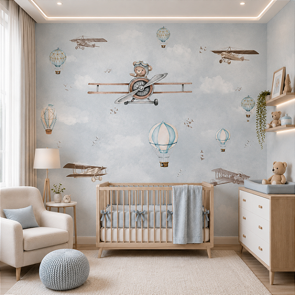 Papel de Parede Quarto Infantil Personalizado - Urso Aviador