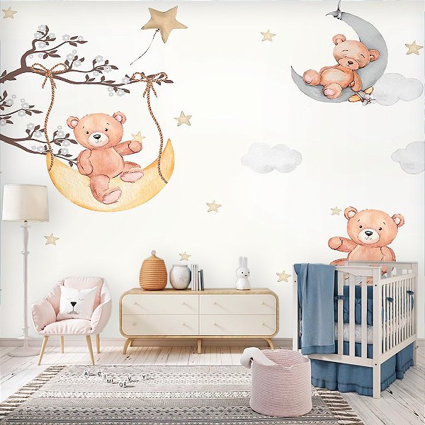 Papel de Parede Quarto  Infantil Personalizado Céu de Ursos