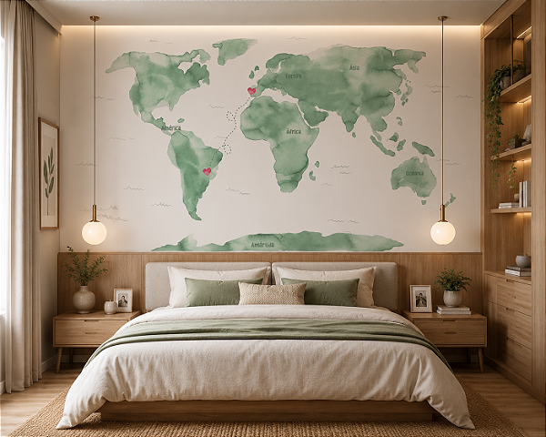 Papel de Parede Mapa Mundi Aquarela Verde para Quarto Infantil Personalizado Sob Medida