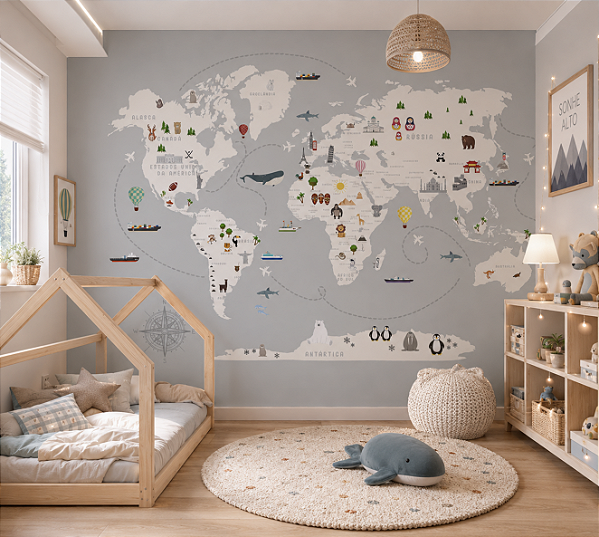 Papel de Parede Personalizado Quarto Infantil Mapa Mundi Fundo Cinza com Nome dos Países