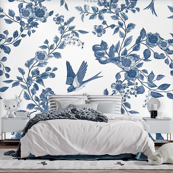Papel de Parede Personalizado Floral Andorinha Azul
