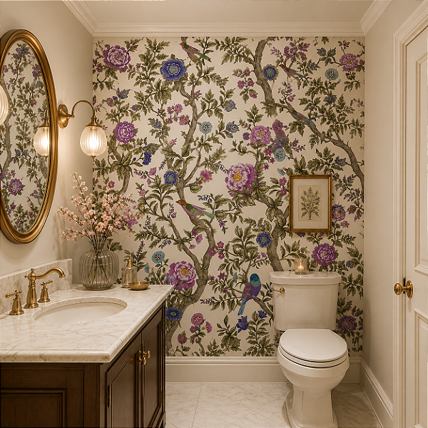 Papel de Parede Personalizado Flores e Pássaros Roxo