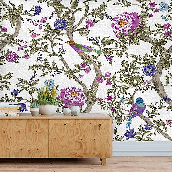 Papel de Parede Personalizado Flores e Pássaros Roxo