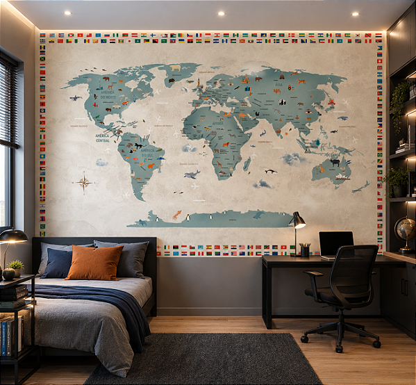 Papel de Parede Personalizado Mapa Mundi - Bandeiras