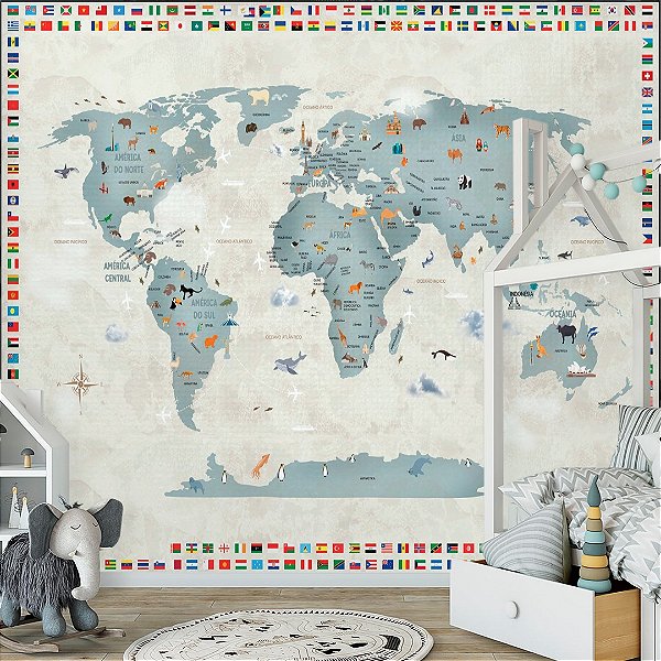 Papel de Parede Personalizado Mapa Mundi - Bandeiras