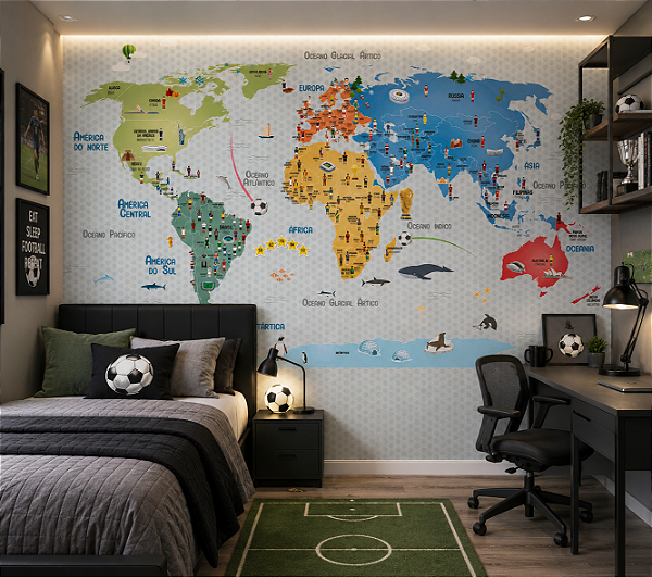 Papel de Parede Mapa Mundi Fundo Geométrico para Quarto Infantil Personalizado Sob Medida