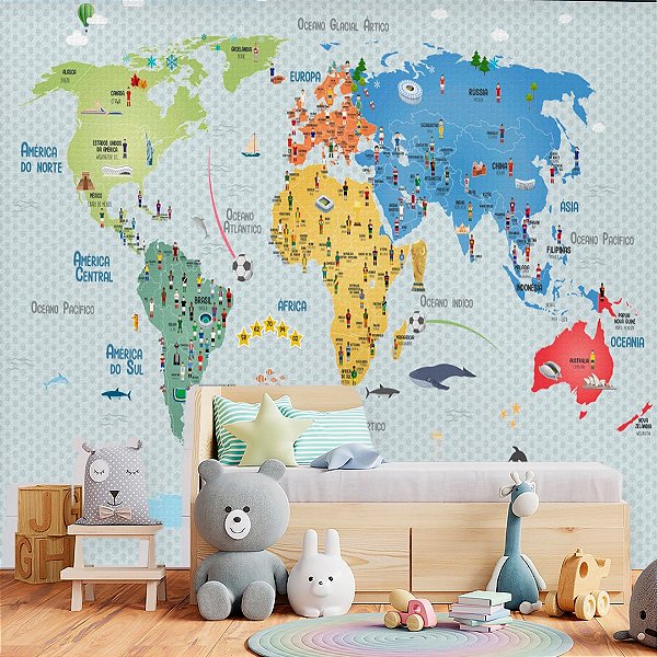 Papel de Parede Personalizado Mapa Mundi Fundo Geométrico