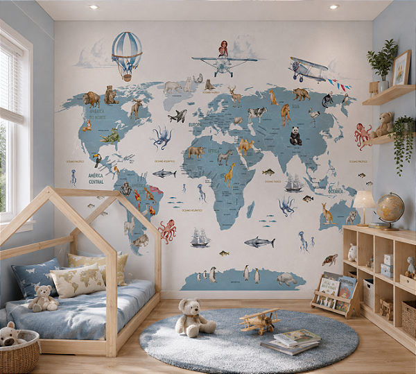 Papel de Parede Personalizado Quarto Infantil Mapa Mundi Azul com Nome dos Países