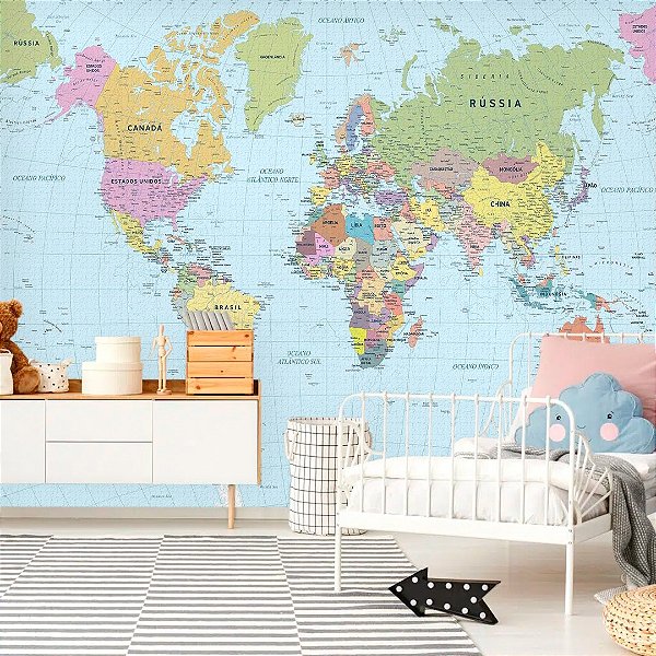 Papel de Parede Personalizado Mapa Mundi Atlas Azul Claro