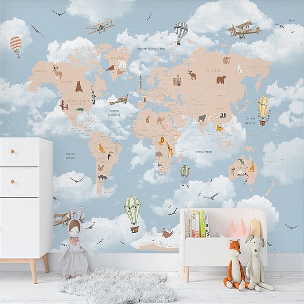 Papel de Parede Personalizado Infantil Mapa Mundi Animais Sob Medida