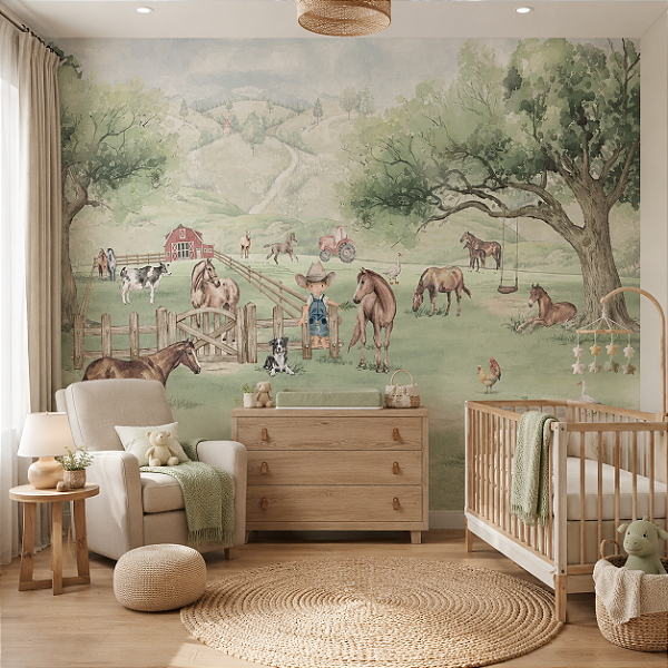 Papel de Parede Personalizado Quarto Infantil Fazendinha Boiadeiro