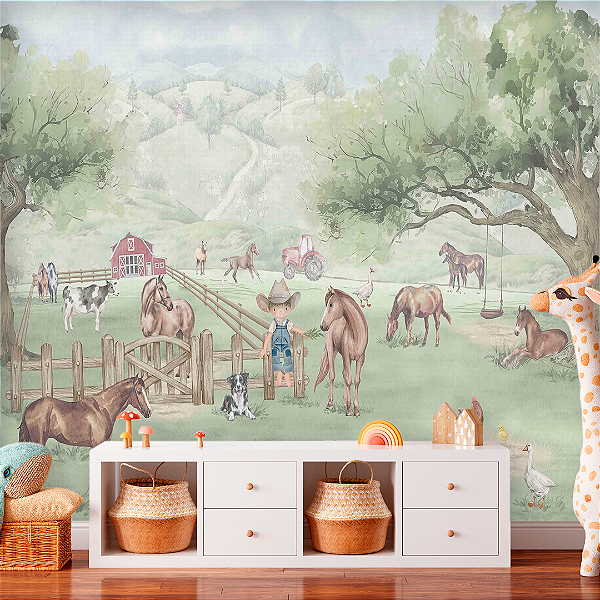 Papel de Parede Personalizado Quarto Infantil Fazendinha Boiadeiro