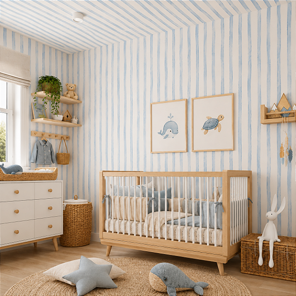 Papel de Parede Personalizado Quarto Infantil Listras em Aquarela Assimétricas Azul Vertical
