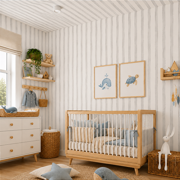 Papel de Parede Personalizado Quarto Infantil Listras em Aquarela Assimétricas Cinza